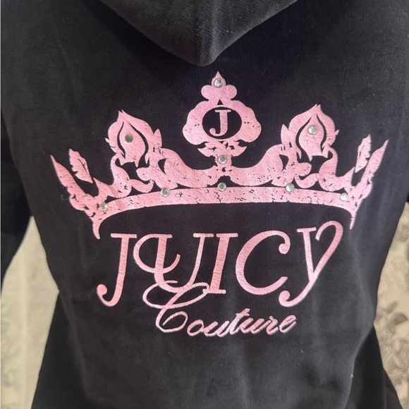 JUICY COUTURE Hoodie Y2K Black Velour RARE Rhinestone Pink Crown Logo Large NWT - Picture 5 of 11